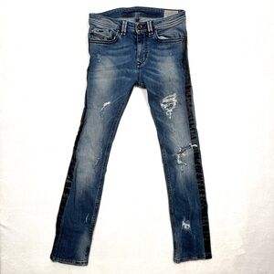 Diesel Kid's Faded Blue Slim Jeans faded, stressed, side faux leather tux stripe